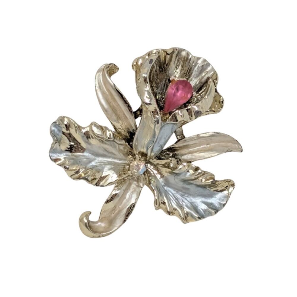 Vintage 1950s Floral Brooch Silver Tone Enamel Pink Rhinestone Flower